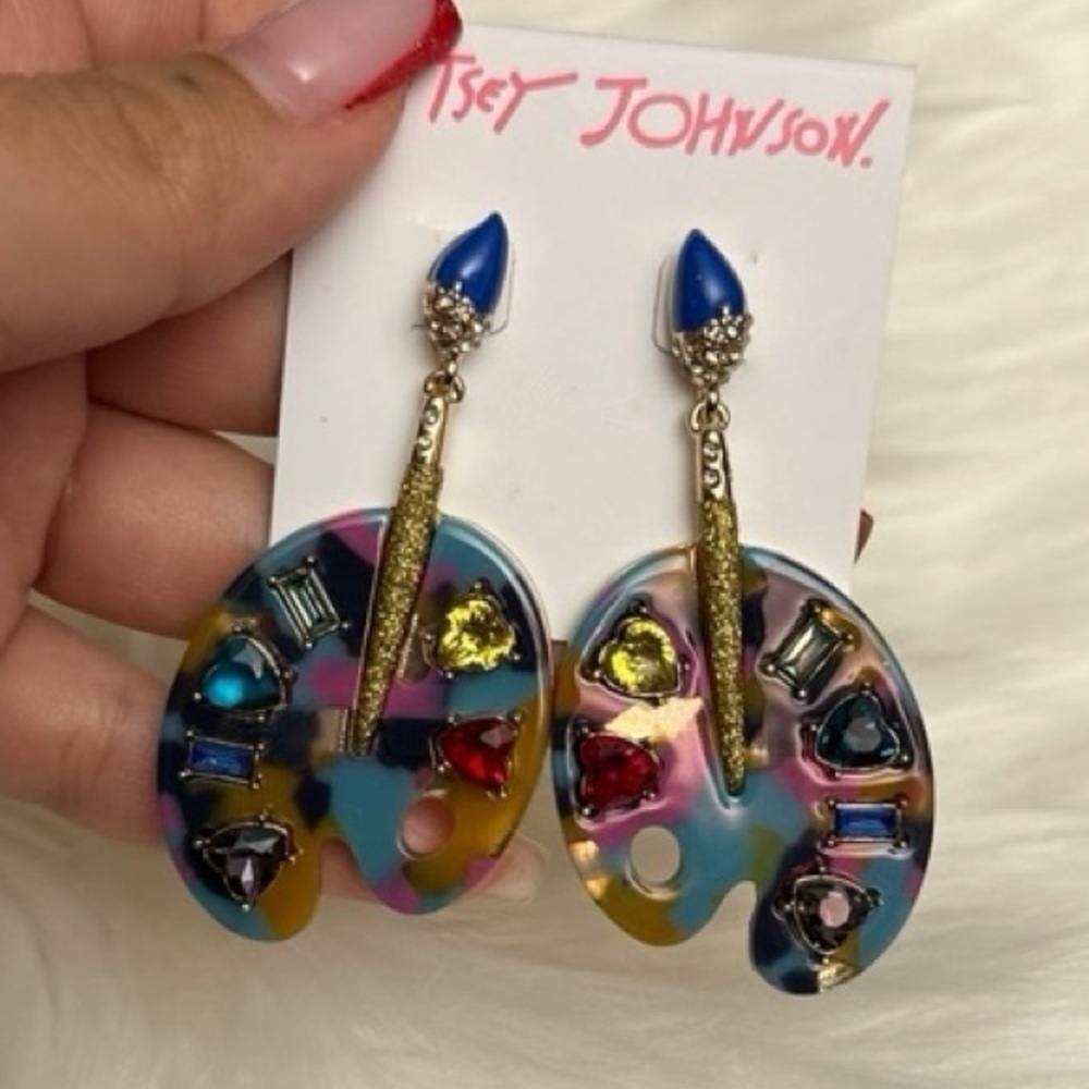 BETSEY JOHNSON Artist Brush & Paint Palette Color Me Happy Crystal Earrings NWT